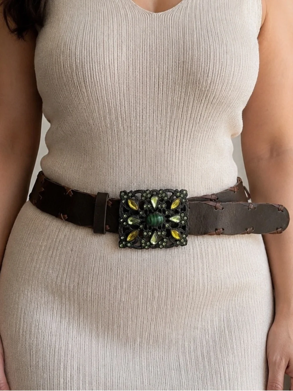 Brown Wide Boho Belt Green Jeweled Statement Buckle 33-36”